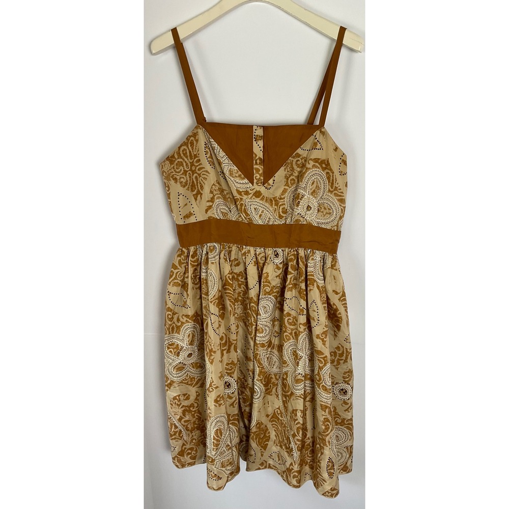 Anna Sui for Anthropologie Silk Paisley Empire Waist Dress Brown Gold Size 10